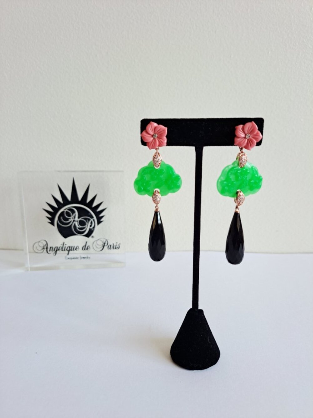 New Angelique de Paris Green Jade Flower Dangle Earrings